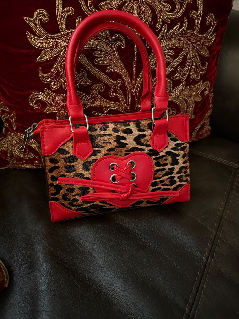 Leopard Print Satchel with Red Trim - Women's Handbag